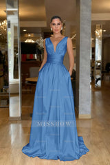 Straps Sleeveless High Waist Long Formal Dress With Pockets Pleated