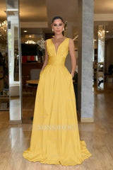 Straps Sleeveless High Waist Long Formal Dress With Pockets Pleated
