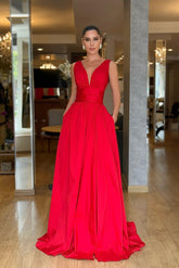 Straps Sleeveless High Waist Long Formal Dress With Pockets Pleated