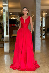 Straps Sleeveless High Waist Long Formal Dress With Pockets Pleated