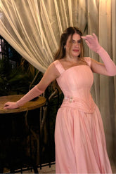 Straps Sleeveless Long Formal Dress With Appliques Long Gloves