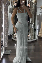 Straps Sleeveless Long Mermaid Formal Dress With Sequins Pleated