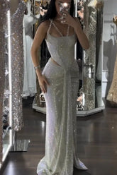 Straps Sleeveless Long Mermaid Formal Dress With Sequins Pleated