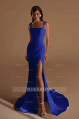 Straps Sleeveless Long Mermaid Formal Dress With Split Pleated