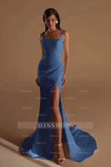 Straps Sleeveless Long Mermaid Formal Dress With Split Pleated