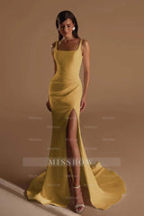 Straps Sleeveless Long Mermaid Formal Dress With Split Pleated