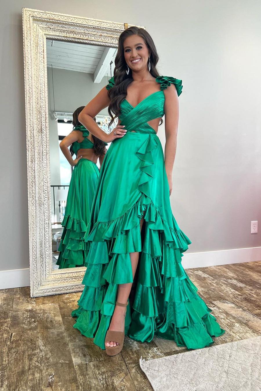 Straps Sleeveless Open Back Long Ruffles Formal Dress With Split