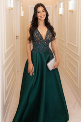 Straps Sleeveless V Neck A Line Long Formal Dress With Appliques