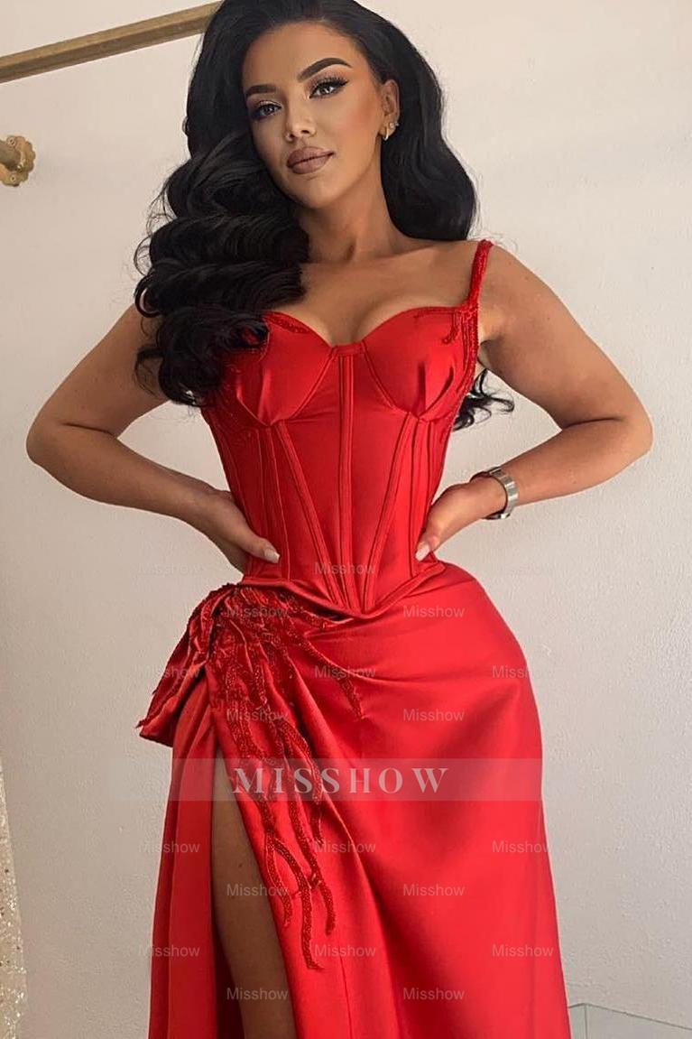 Straps Sweetheart Sleeveless Long Formal Dress With Split Appliques