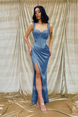 Straps Sweetheart Sleeveless Mermaid Long Formal Dress With Split