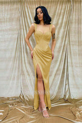 Straps Sweetheart Sleeveless Mermaid Long Formal Dress With Split