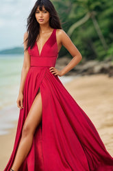 Straps V Neck Sleeveless Backless Long Formal Dress With Split