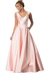 Straps V Neck Sleeveless Long Formal Dress With Pockets Pleated