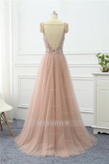 Straps V Neck Sleeveless Tulle A Line Formal Dress Long With Beading