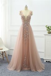 Straps V Neck Sleeveless Tulle A Line Formal Dress Long With Beading