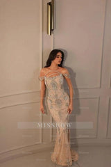 Striking Champagne Off-The-Shoulder Lace Mermaid Evening Dress with Rhinestones