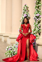 Striking Long Red V-Neck Sleeveless Mermaid Beaded Prom Dress with Slit and Detachable Train