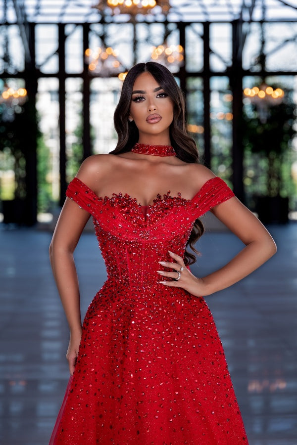 Striking Red A-Line Off-The-Shoulder Rhinestones Prom Dress with Watteau Train