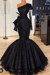 Stunning Black Glitter Mermaid Prom Evening Dresses Long Sleeves with Floral Lace Slim Party Dress