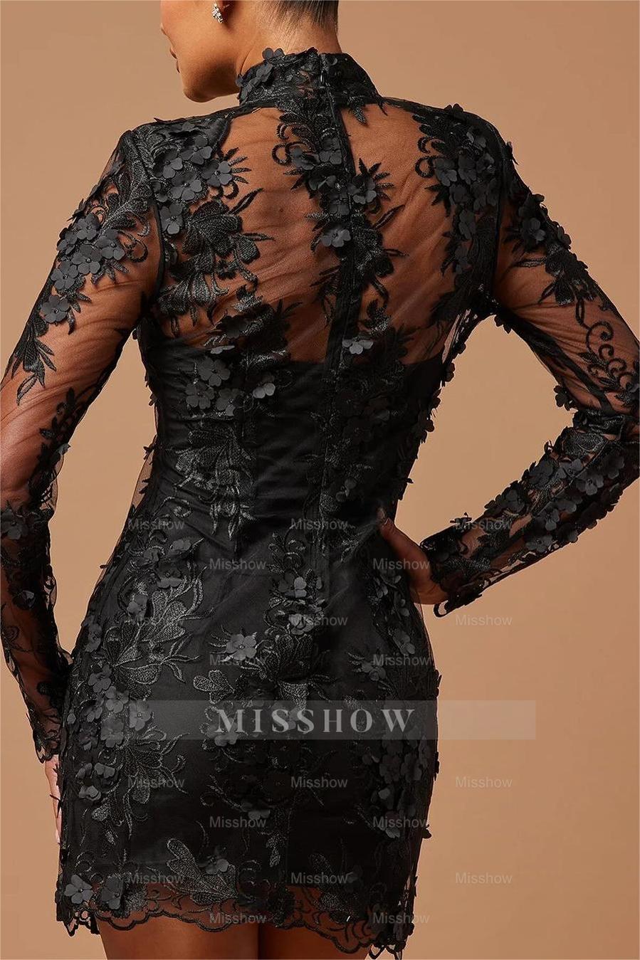 Stunning Black High Neck Long Sleeves Short Formal Dress With Flower Appliques
