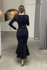 Stunning Black Mermaid Sequins Long Sleeves Formal Dress Online With Belt