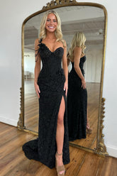Stunning Black Sweetheart One Shoulder Beaded Column Prom Dress with Slit