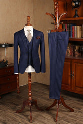 Stunning Blue Striped Three Pieces Slim Fit Formal Men’s Suit