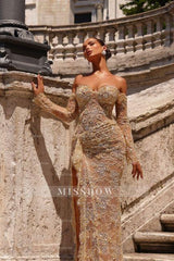 Stunning Champagne Mermaid Sweetheart Off-The-Shoulder Lace Beaded Long Sleeves Split Front Prom Dresses With Ruffles