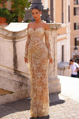 Stunning Champagne Mermaid Sweetheart Off-The-Shoulder Lace Beaded Long Sleeves Split Front Prom Dresses With Ruffles