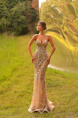 Stunning Champagne Spaghetti Straps Sleeveless Mermaid Prom Dress with Rhinestones