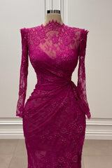 Stunning Fuchsia Mermaid High-Neck Long Sleeves Lace Floor-Length Simple Evening Dresses With Ruffles