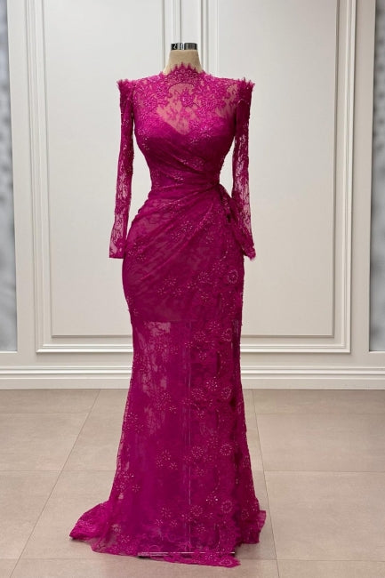 Stunning Fuchsia Mermaid High-Neck Long Sleeves Lace Floor-Length Simple Evening Dresses With Ruffles
