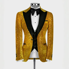 Stunning Gold Peaked Lapel Three-Piece Sequined Prom Suit