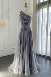 Stunning Gray One Shoulder A Line Formal Dress Appliques With Beading