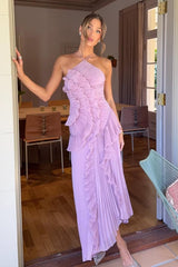 Stunning Halter Sleeveless Long Formal Dress With Pleated Ruffles