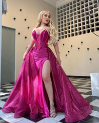 Stunning Hot Pink Sweetheart Sleeveless Split Sequins Formal Dress With Ruffles