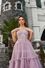 Stunning Lilac A-Line Spaghetti V-Neck Sleeveless Beaded Long Tulle Prom Dress With Appliques