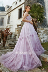 Stunning Lilac A-Line Spaghetti V-Neck Sleeveless Beaded Long Tulle Prom Dress With Appliques