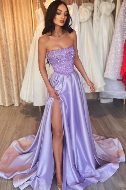 Stunning Lilac Strapless Sequined Sleeveless Court Train Satin Evening Dresses With High Slit