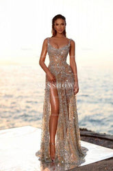 Stunning Long A-line Sequined Beading Sleeveless Prom Evening Dresses with Slit
