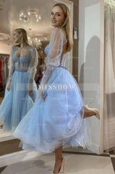 Stunning Long Blue A-line Sweetheart Long Sleeves Tulle Prom Evening Dresses with Glitter