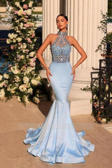 Stunning Long Blue V-neck Lace Beading Mermaid Prom Evening Dresses with Long Sleeves
