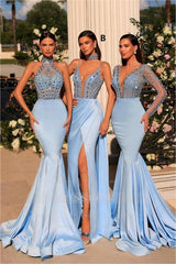 Stunning Long Blue V-neck Lace Beading Mermaid Prom Evening Dresses with Long Sleeves