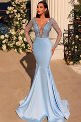 Stunning Long Blue V-neck Lace Beading Mermaid Prom Evening Dresses with Long Sleeves