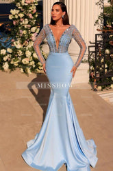 Stunning Long Blue V-neck Lace Beading Mermaid Prom Evening Dresses with Long Sleeves