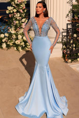 Stunning Long Blue V-neck Lace Beading Mermaid Prom Evening Dresses with Long Sleeves