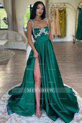Stunning Long Dark Green A-line Sleeveless Rhinestones Satin Prom Evening Dresses with Slit