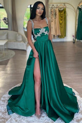 Stunning Long Dark Green A-line Sleeveless Rhinestones Satin Prom Evening Dresses with Slit