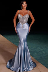 Stunning Long Dusty Blue Mermaid Spaghetti Straps Satin Rhinestones Prom Evening Dresses
