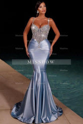Stunning Long Dusty Blue Mermaid Spaghetti Straps Satin Rhinestones Prom Evening Dresses